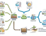 Schema zeigt, wie wird aus biomasse energie gewonnen: Gülle, Pflanzen, Abwasser und Lebensmittelabfälle werden in einem Biogasfermenter zu Biogas verarbeitet, das zu Wärme, Strom, Biokraftstoff und Gasnetz wird.
