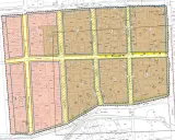 Grundstücksplan mit Parzellennummern, Straßen und Gebäuden. BauGB §9 ist hier als Teil der Bebauungsplanung ersichtlich.