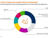 Kreisdiagramm zeigt den **tagesverbrauch strom** zu Hause: Informationstechnik (28%), Sonstiges (17%), Waschen/Trocknen (14%), Licht (13%), Kühl-/Gefriergeräte (11%), Kochen (9%), Spülen (8%).