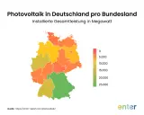 Karte zeigt das Photovoltaik Potenzial Deutschland pro Bundesland. Grün steht für die höchste installierte Leistung.