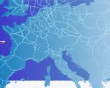 Karte Europas mit einem roten Schiff vor der Küste und einem weißen Netz, das den Gasnetz Europa darstellt.