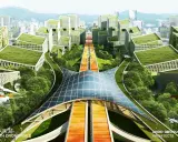Grüne Dächer und futuristische Gebäude prägen diese Vision einer nachhaltigen Stadt. Drohnen landen auf einem Verkehrsknotenpunkt, der eine Brücke über eine bunte Fußgängerzone bildet.