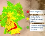 Karte von Deutschland zeigt Potenzial für Geothermie: Rot (nicht möglich), Gelb (Einschränkungen), Grün (keine Einschränkungen).