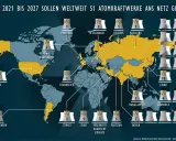 Weltkarte zeigt geplante neue Atomkraftwerke weltweit bis 2027. China führt mit 18 Anlagen.
