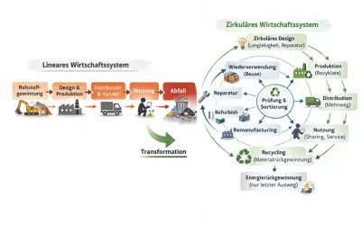 Vergleich von linearem und zirkulärem Wirtschaftssystem. Das zirkuläre System zeigt, wie Produkte wiederverwendet, repariert und recycelt werden, um die Rohstoffe der Zukunft zu schonen.