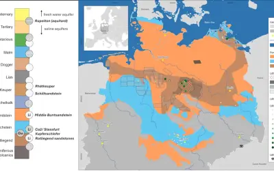 Karte zeigt Lithium-Vorkommen in Deutschland, mit Fokus auf Geothermie. Orange und blaue Flächen markieren Formationen, grüne Punkte zeigen hohe Lithiumkonzentrationen.