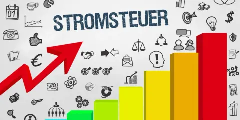 Balkendiagramm zeigt steigende Kosten für Stromsteuer. Roter Pfeil symbolisiert Aufwärtstrend, während Icons wie Euro und Dollar auf finanzielle Aspekte hinweisen.