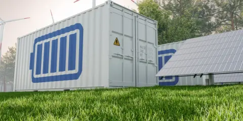 Container mit Batteriesymbol, Solarpanels und Windrädern. Löst das erneuerbare energien speicherproblem.
