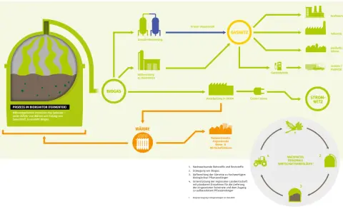 Schema zeigt, wie aus Biogas durch verschiedene Prozesse grüner Strom und Wärme für Kraftwerke, Industrie und Haushalte erzeugt wird.
