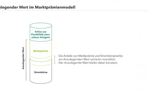 Grafik zeigt das Marktprämienmodell: Anzulegender Wert setzt sich aus Strombörse, Marktprämie und Erlösen aus Flexibilität zusammen.