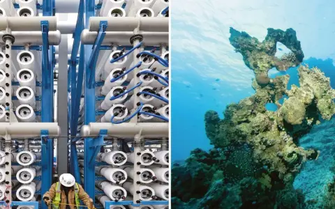 Industrielle Anlage mit Rohren und ein Korallenriff im tiefblauen Wasser. Blaue Energie für die Zukunft.