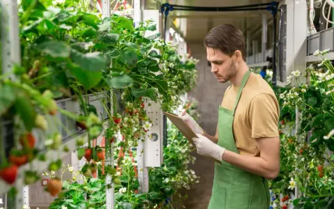 Mann prüft Erdbeerpflanzen in vertikaler Farm. Neue energie jobs in der Landwirtschaft.
