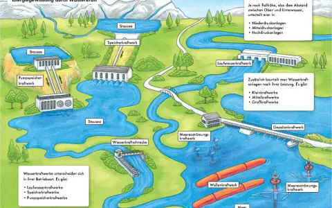 Schema zeigt verschiedene Wasserkraftwerke, darunter ein Laufwasserkraftwerk, das die Energieumwandlung von Wasser in Strom illustriert.