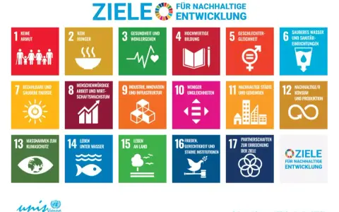 Die Ziele für nachhaltige Entwicklung, darunter Maßnahmen zum Klimaschutz weltweit, Bildung und sauberes Wasser.