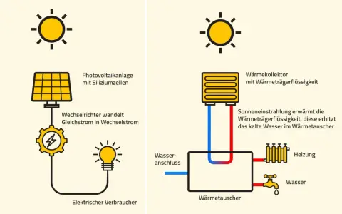Sonnenenergie: Eine Photovoltaikanlage erzeugt Strom, ein Kollektor erwärmt Wasser für Heizung und Verbrauch.