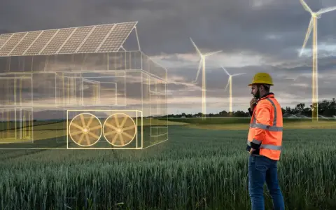 Ingenieur betrachtet ein Haus mit Solardach und Lüftern, umgeben von Windrädern. Ein Symbol für erneuerbare Energien vs. fossile Energien.