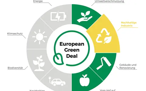 Kreisdiagramm zeigt Ziele des European Green Deal: saubere Energie, Klimaschutz, Biodiversität, nachhaltige Mobilität, vom Hof auf den Tisch, Gebäude & Renovierung, nachhaltige Industrie und Umweltschutz.