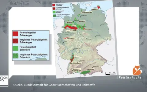 Karte zeigt potenzielle Gebiete für den Abbau von Erdgas (Schiefergas) und Schieferöl in Deutschland.