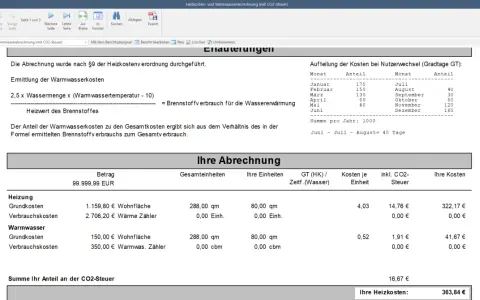 Abrechnung für Heizkosten und Warmwasser, inklusive CO2-Umlage. Zeigt Kostenaufteilung und Ihren Anteil an der CO2-Steuer.