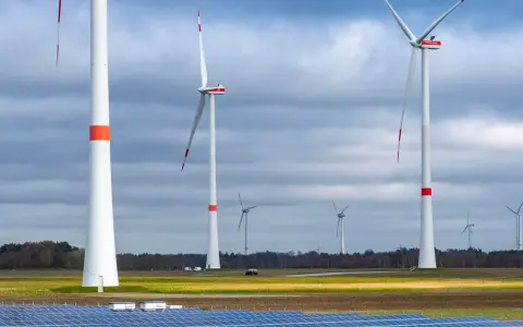 Windräder und Solarpaneele im Feld, ein Zeichen für Klimaschutz in Niedersachsen.
