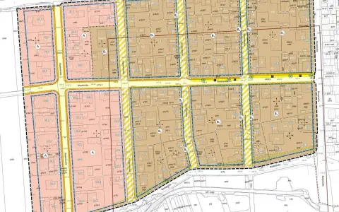 Grundstücksplan mit Parzellennummern, Straßen und Gebäuden. BauGB §9 ist hier als Teil der Bebauungsplanung ersichtlich.