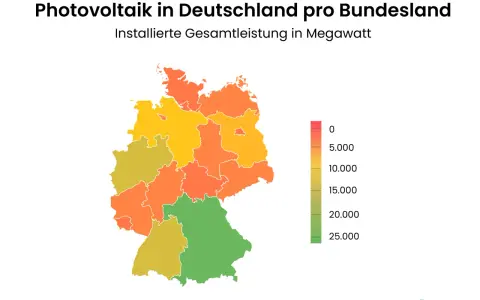 Karte zeigt das Photovoltaik Potenzial Deutschland pro Bundesland. Grün steht für die höchste installierte Leistung.