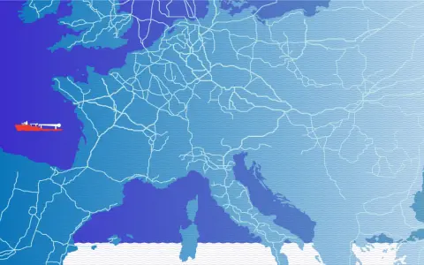 Karte Europas mit einem roten Schiff vor der Küste und einem weißen Netz, das den Gasnetz Europa darstellt.