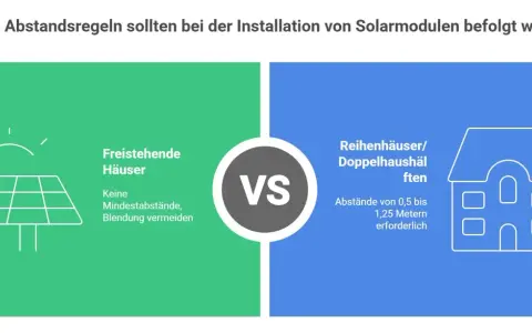 Photovoltaik-Nachbarrecht: Freistehende Häuser brauchen keine Mindestabstände, aber Blendung vermeiden. Reihenhäuser benötigen 0,5-1,25m Abstand.