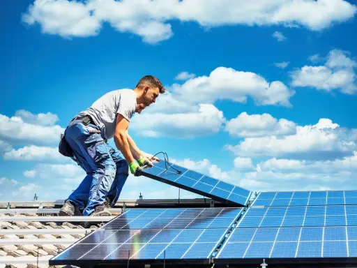 Mann installiert Solarmodule auf einem Dach. Die Sonne als Energiequelle wird genutzt, um saubere Energie zu erzeugen.