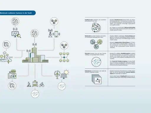 Grafik zeigt vernetzte Systeme für urbane Resilienz: Feedback-Loops, Modularität, Diversität und Redundanzen.
