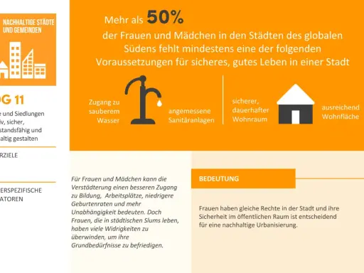 Grafik zu SDG 11: Nachhaltige Städte. Zeigt, dass über 50% der Frauen im globalen Süden Zugang zu Wasser, Sanitäranlagen und Wohnraum fehlen, was die Herausforderungen der Urbanisierung verdeutlicht.