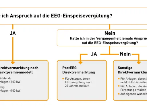 Flussdiagramm zur EEG-Einspeisevergütung: Anspruchsprüfung für Anlagen, die Strom ins Netz einspeisen.