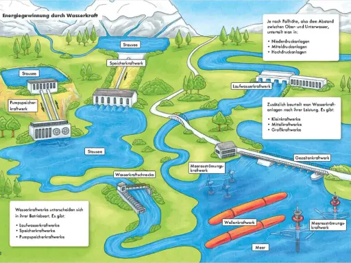 Illustration zeigt, was ist Wasserkraft: verschiedene Kraftwerke (Speicher, Lauf, Pumpen, Gezeiten, Wellen) nutzen Wasser zur Energiegewinnung.