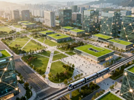 Modellprojekte Smart Cities: Grüne Dächer, vernetzte Gebäude und eine moderne Bahn prägen diese futuristische Stadtlandschaft.