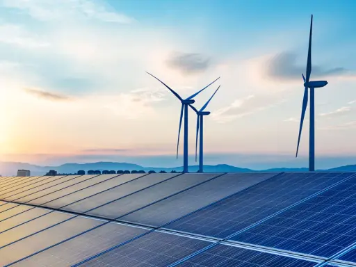 Solarpanels und Windräder im Sonnenuntergang symbolisieren die Versorgungssicherheit durch erneuerbare Energien.