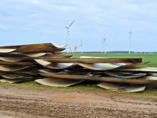 Stapel von Rotorblättern von Windkraftanlagen, bereit für das Recycling. Im Hintergrund sind weitere Windräder zu sehen.