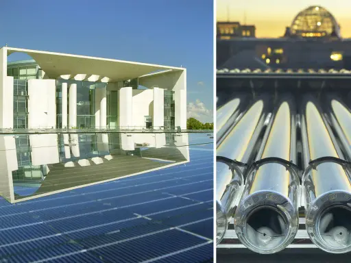 Moderne Architektur mit Solaranlagen und Solarthermie-Kollektoren, die die Arbeit des Bundesverband Solarwirtschaft symbolisieren.
