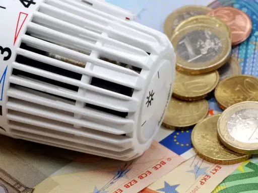 Thermostat mit Euro-Münzen und Scheinen. Heizkosten steigen, CO2-Geld wird knapp.
