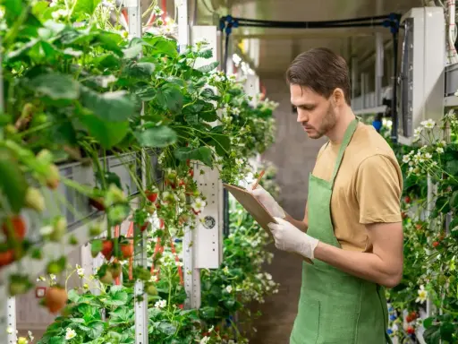 Mann prüft Erdbeerpflanzen in vertikaler Farm. Neue energie jobs in der Landwirtschaft.