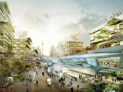 Futuristische autofreie stadt mit grünen Gebäuden, schwebenden Transportmitteln und vielen Menschen, die die Natur genießen.