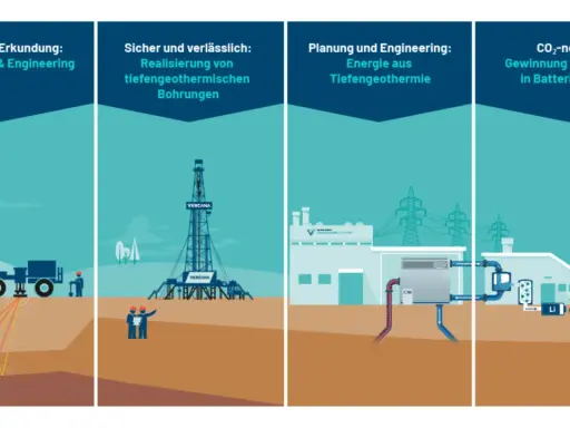 Illustrationen zeigen Schritte der tiefen Geothermie: Erkundung, Bohrung, Energieerzeugung und Lithiumgewinnung für Batterien.