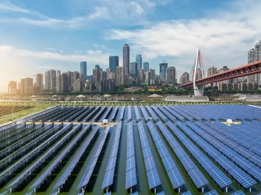 Schwimmende Solaranlage vor einer Skyline, ein Zeichen für Chinas wachsende energieversorgung.