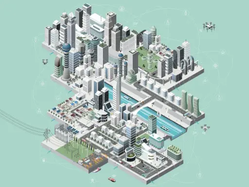 Vernetzte Gebäude, Drohnen und autonome Fahrzeuge illustrieren, was sind smart cities: eine Stadt der Zukunft.