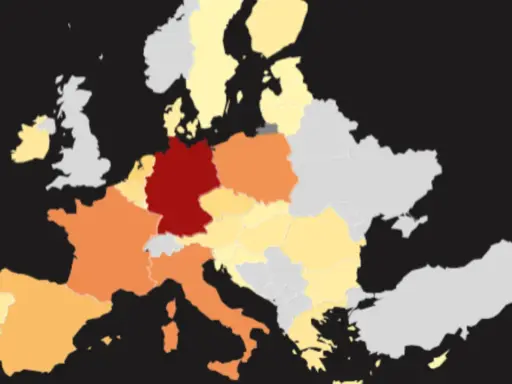 Karte Europas mit Deutschland in Rot, was auf eine hohe Klimaneutralität hindeutet. Andere Länder sind in verschiedenen Orangetönen und Gelb gefärbt.