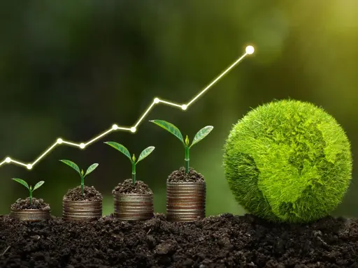 Wachsende Pflanzen auf Münzstapeln, die einen Aufwärtstrend symbolisieren, neben einer grünen Erde. Ein Beitrag zum Klimaschutz, der Wachstum und Hoffnung zeigt.
