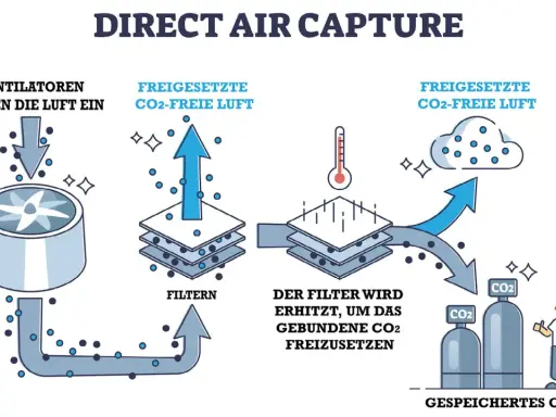 So kann man CO2 aus der Luft filtern: Ventilatoren saugen Luft ein, die dann gefiltert wird. Erhitzen setzt CO2 frei, das gespeichert wird.