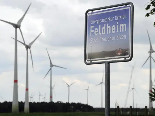 Schild "Energieautarker Ortsteil Feldheim, Stadt Treuenbrietzen" vor vielen Windrädern in Brandenburg.