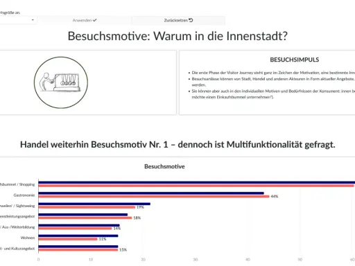 Balkendiagramm zeigt Besuchsmotive für die Stadtentwicklung in Deutschland. Einkaufen ist mit 60% am beliebtesten.