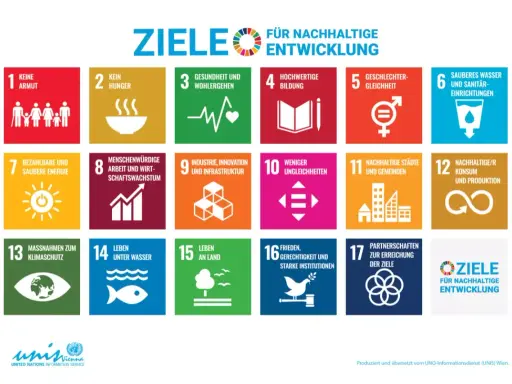 Die Ziele für nachhaltige Entwicklung, darunter Maßnahmen zum Klimaschutz weltweit, Bildung und sauberes Wasser.