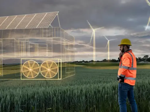Ingenieur betrachtet ein Haus mit Solardach und Lüftern, umgeben von Windrädern. Ein Symbol für erneuerbare Energien vs. fossile Energien.